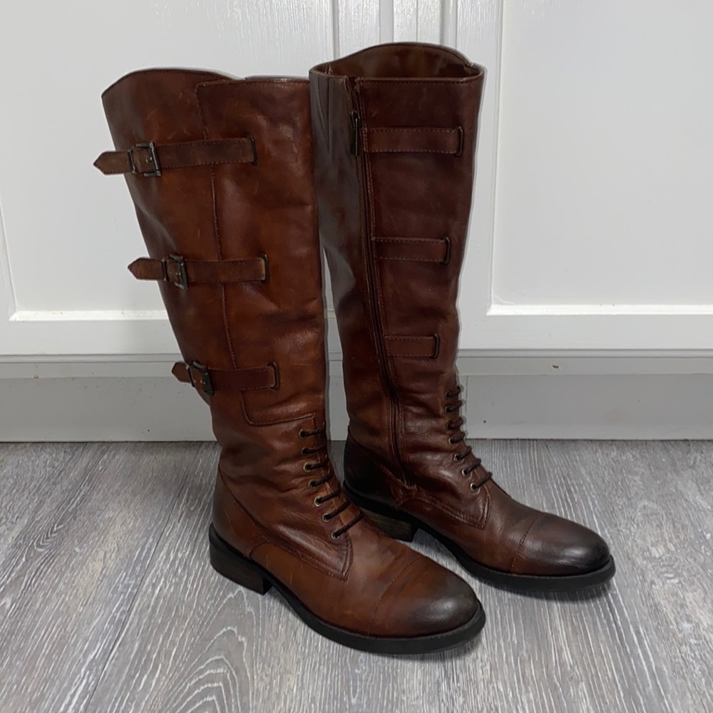 Vince Camuto Fenton Equestrian Brown Leather Knee-High Buckle Riding Boots